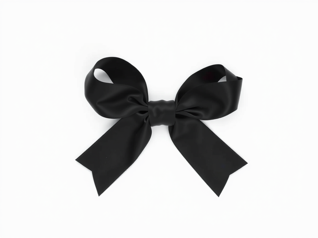 Create a high-resolution image of a black ribbon on a plain white background, using a DSLR camera with a 50mm lens set to f/2.8, ISO 100, and a shutter speed of 1/200 sec, captured from a straight-on view to emphasize its shape and depth, ensuring soft lighting for smooth shadows and highlights.