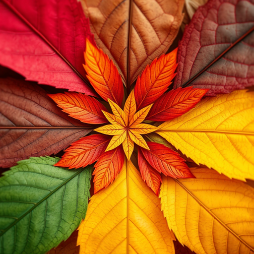 Generate a vibrant and detailed illustration of a circular array of stylized, colorful leaves in autumn tones, captured with a Canon EOS R5 at f/2.8, ISO 200, 50mm lens, with a macro perspective to enhance the texture and color depth.