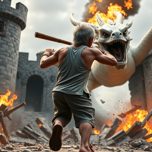 Cartoon 3D High-Resolution,dynamic battle scene using Unreal Engine 5 and Octane Render. The scene features back of an elderly, thai man with a beard,messy hair and round golden-rimmed glasses. He is wearing a tattered tank top with soot marks, shorts, and sandals. sweating. he wields a baseball bat. He jump to fight with a white fire-breathing Europe dragon amidst a partially destroyed stone castle. Include intense flames, smoke, and debris to enhance the dramatic effect.