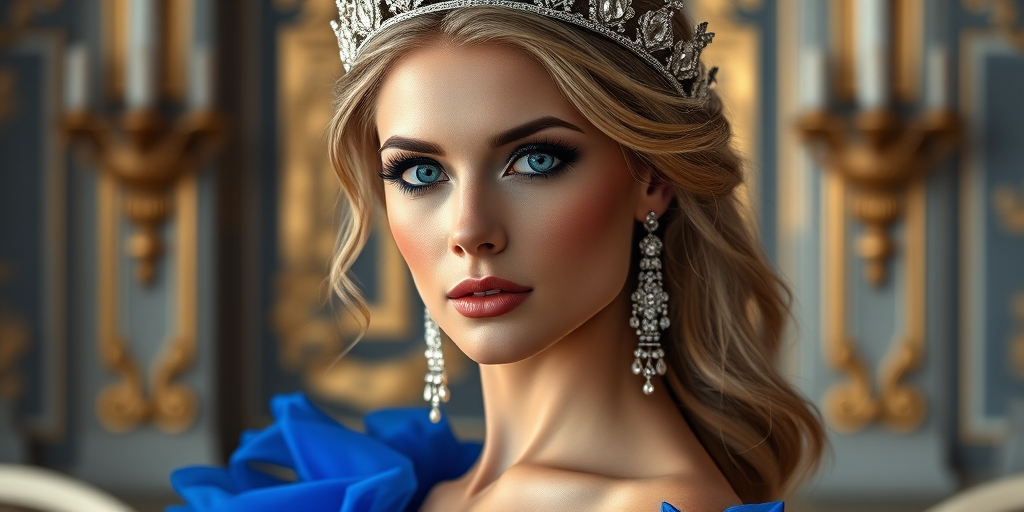 A gorgeous woman in a luxurious blue gown, accessorized with a dazzling tiara and statement earrings, her deep blue eyes highlighted by impeccable makeup, poised in a royal setting, photorealistic, 8K quality