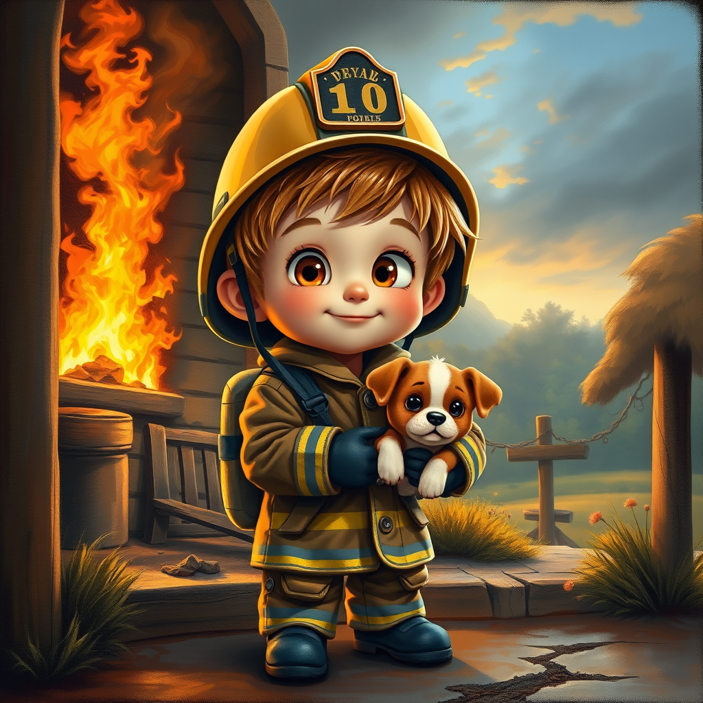 airbrushed oil painting, pixar style, cute little boy in fireman gear, helmet, tousled hair, expressive eyes, standing in the doorstep of a cottage burning behind him, holding a cute little dog in his arm, atumn sky