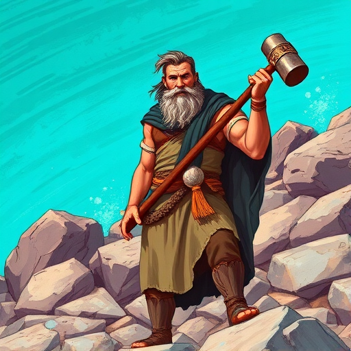 Create an illustration of a bearded man in ancient attire holding a hammer, standing on a rocky terrain with a vibrant turquoise background, shot with a DSLR camera at f/2.8 aperture, 50mm lens, ISO 100, high dynamic range for enhanced detail and clarity.