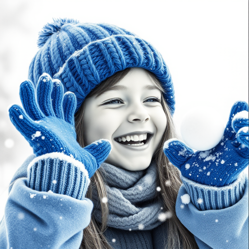 A hyperdetailed photorealistic macro image black and white pencil sketch of a young girl getting hit by a snowball during a snowball fight. She is wearing a brilliant sapphire blue wool beanie and bright blue mittens. She is trying to block the snowball by putting her hands up. The snowball hits her beanie and disintegrates into myriad tiny snowflakes caught with high speed photography. The girl is laughing and having a wonderful time.