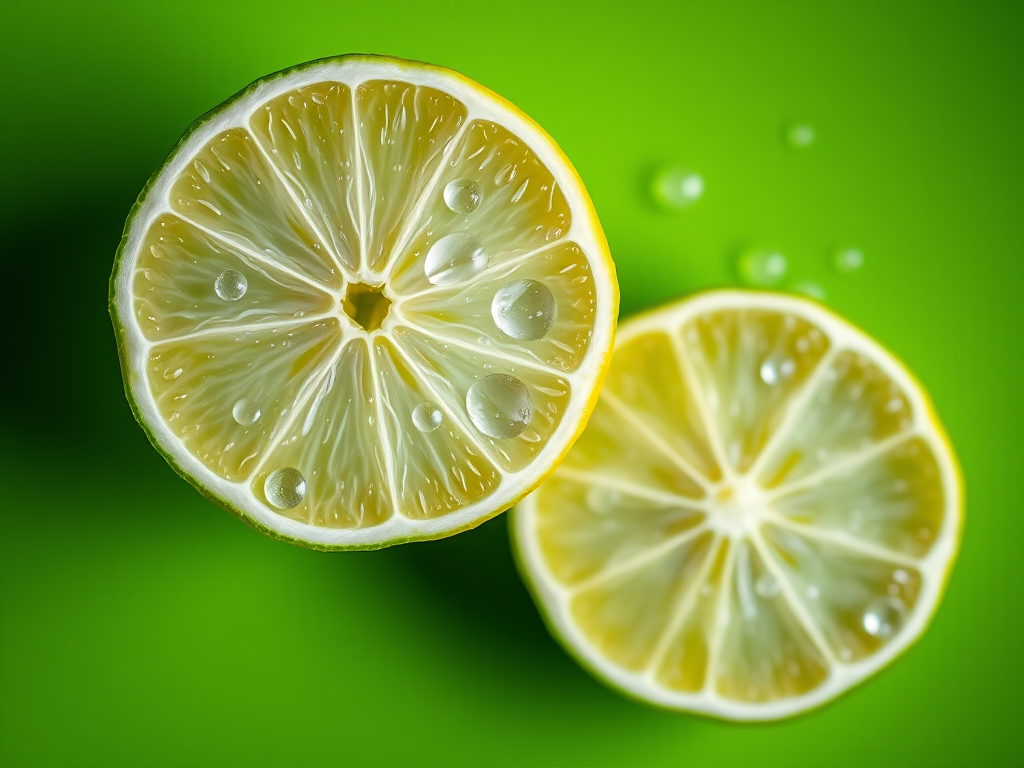 create an image of two halved limes with water droplets on a vibrant green background, use a 50mm lens, aperture f/2.8, shutter speed 1/100s, ISO 200, shot from a top-down view, in a soft focus photographic style with high dynamic range