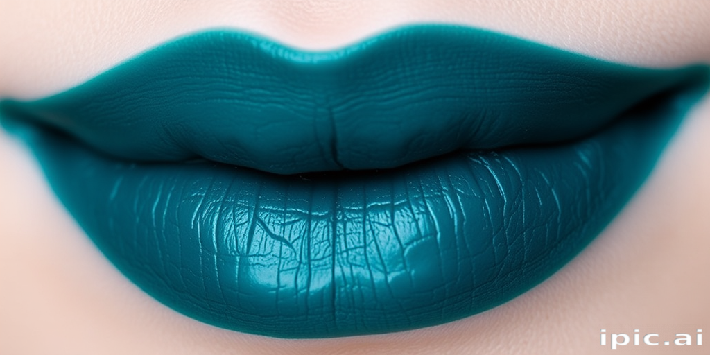 Deep teal cream lipstick with a subtle blue shift, titled "Mermaid's Secret," boasting full coverage and a smooth application, suited for creating mystical and enchanting looks