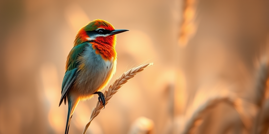 a detailed close-up of a colorful bird perched on a wheat stalk, with a blurred natural background, soft golden hour lighting, camera settings: f/4, ISO 200, shutter speed 1/200s, camera view: eye-level, camera style: nature photography, camera type: DSLR