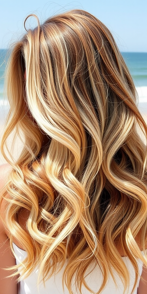 Tousled honey blonde beach waves with sun-bleached highlights, the "Golden Sands" look embodies carefree elegance and natural beauty