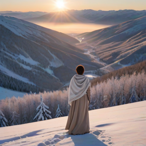 Sunrise over a snow-covered valley, the first light of day reflecting off the pristine white landscape, a woman stands on a hilltop, bundled in a scarf, taking in the breathtaking view.