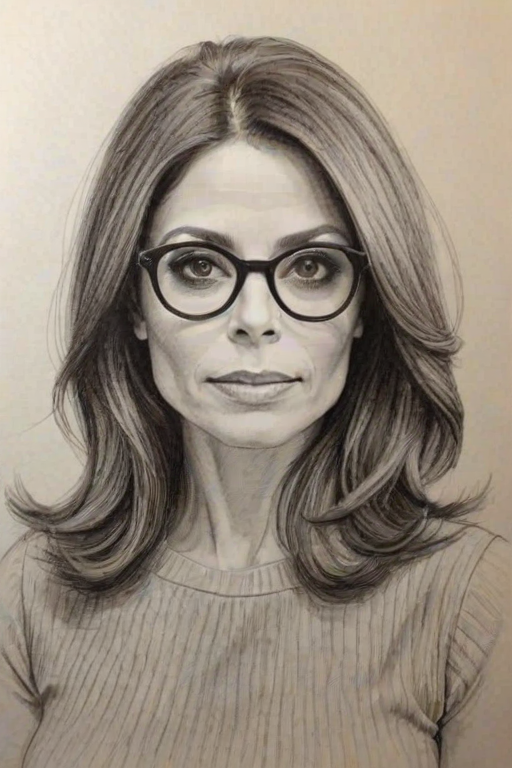Enchanting Bethenny Frankel, pencil sketch, portrait of Lovely woman 1963s in glasses, hair style beatnik, outline, clear lines, fine lines, 8k