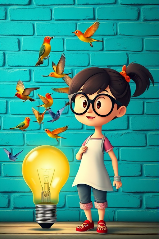 Create an image of a cartoon girl with glasses and a casual outfit standing next to a light bulb filled with colorful birds flying out of it, set against a turquoise brick wall background, using a Canon EOS R5 camera, 50mm f/1.8 lens, aperture set to f/2.8, ISO 100, and a soft focus effect for an artistic look.
