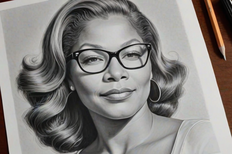 Stunning Queen Latifah, pencil sketch, portrait of Enchanting woman 1947s in glasses, hair style beatnik, outline, clear lines, fine lines, 8k