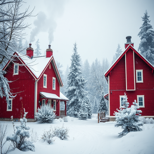 create a winter landscape scene with two red houses surrounded by snowy trees, gentle smoke rising from chimneys, soft snowfall, camera settings f/8, ISO 200, shutter speed 1/125, camera view wide-angle, camera style bright and colorful, camera type DSLR