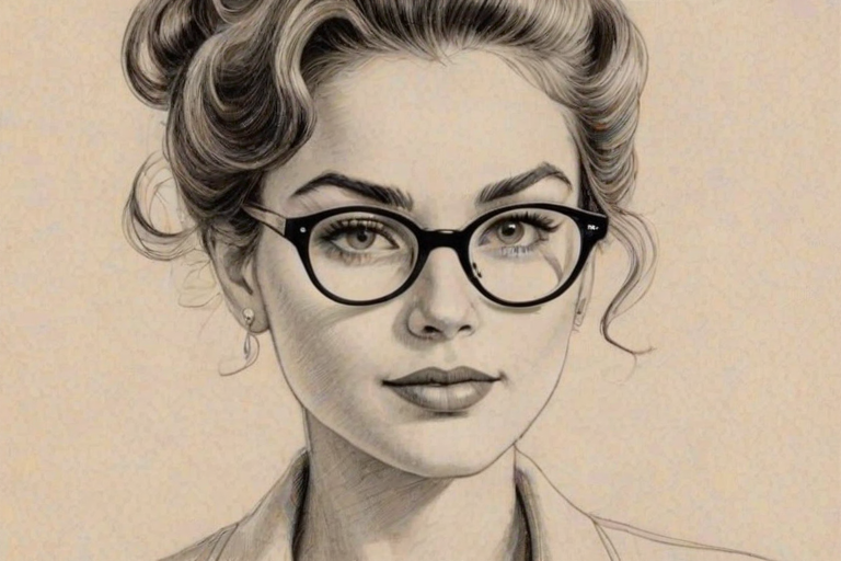 Beauteous H.E.R., pencil sketch, portrait of Charming woman 1953s in glasses, hair style beatnik, outline, clear lines, fine lines, 8k