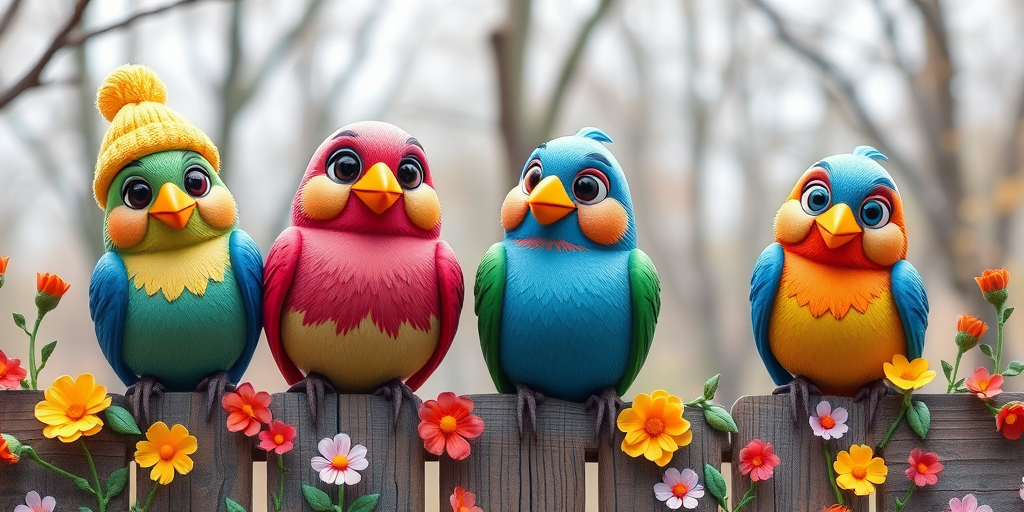 create a scene of 4 quirky  whimsical colourful comical birds each with a funny expression. they are sat on a wooden fence with colourful flowers. they are all different sizes. each one is a different colour  one is wearing a woolly hat. Each one has a different quirky google expression and there is a muted background of trees watercolour paintierly style high definition 8k resolution 3D paper mache