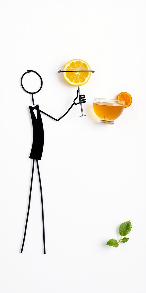 Create an illustration of a stick figure waiter holding a cocktail on a white textured background, shot with a DSLR camera at f/2.8 aperture, 50mm lens, and a shallow depth of field to enhance image quality, using a flat lay perspective.
