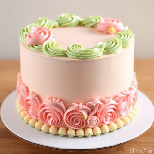 Create an image of an elegantly decorated cake featuring intricate frosting designs in soft pastel colors including pink green and cream the cake should have ornate piping that resembles floral patterns with roses and decorative fringes on the sides and a smooth finish on the top showcasing an aesthetic and luxurious appearance