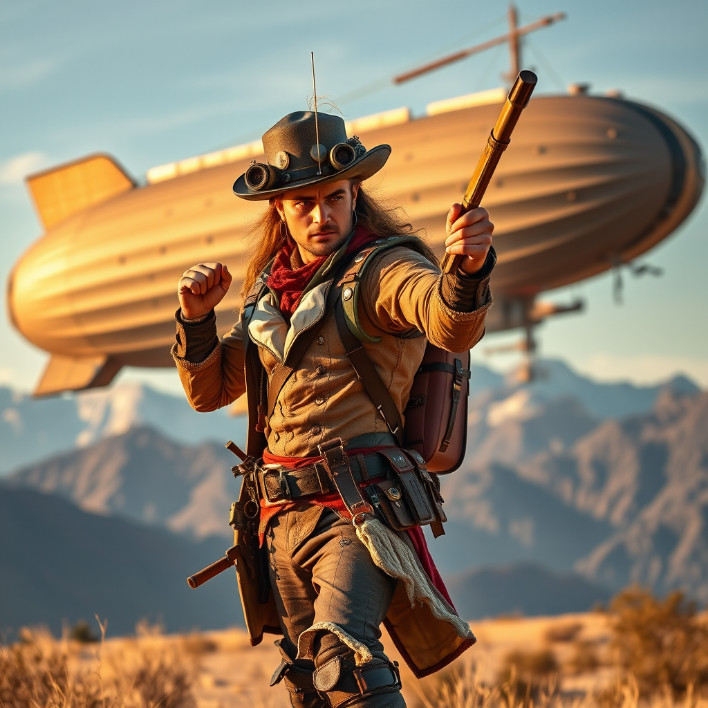Steampunk adventurer with intricate outfit, holding a weapon, in a dynamic pose against a backdrop of a grand airship and mountains, golden hour lighting, 50mm lens, f/1.8 aperture, ISO 100, wide-angle shot, DSLR camera, high-resolution setting.