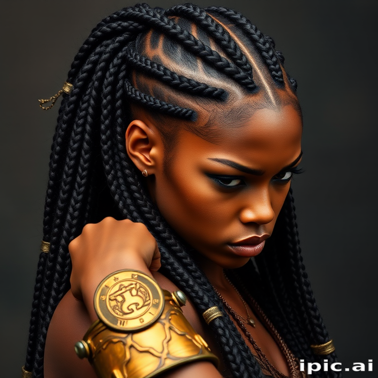 Fierce warrior woman sporting tight cornrow braids leading into long box braids, accented with golden cuffs and metallic thread
