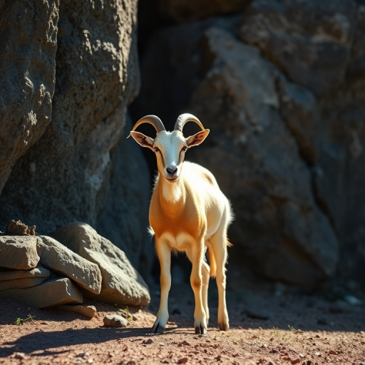 create a high-resolution image of a goat standing near a rocky outcrop in shadow with soft natural lighting, using a DSLR camera, 50mm lens, aperture f/2.8, ISO 100, and a shallow depth of field to emphasize the subject while blurring the background.
