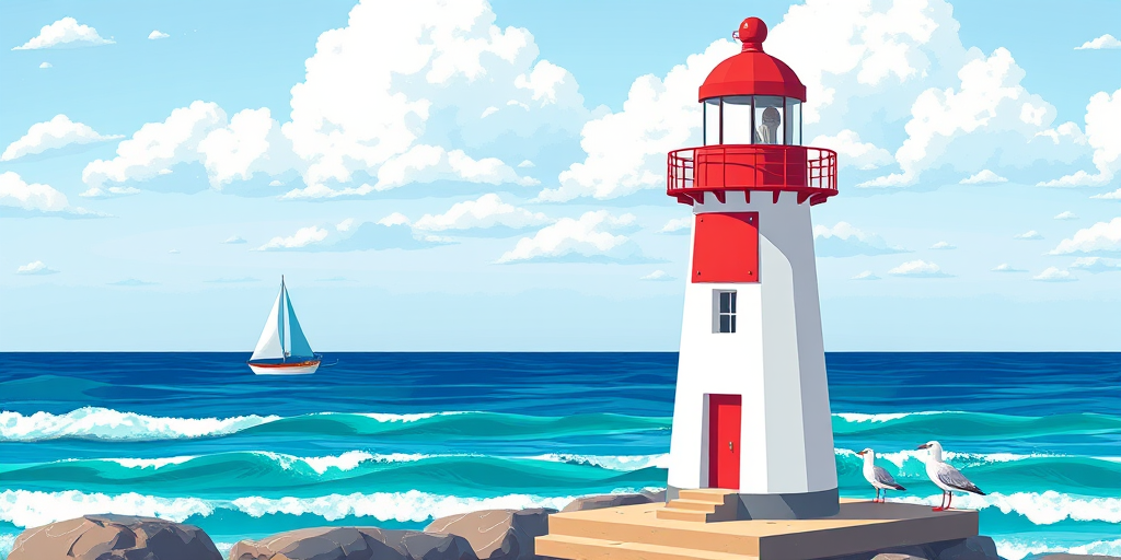 Create a vibrant illustration of a red and white lighthouse by the sea with a sailboat in the background, seagulls on the shore, bright blue ocean waves, and a clear sky with fluffy clouds, captured with a DSLR camera, 50mm lens, f/2.8 aperture, ISO 100, and 1/200 shutter speed for enhanced clarity and colors.