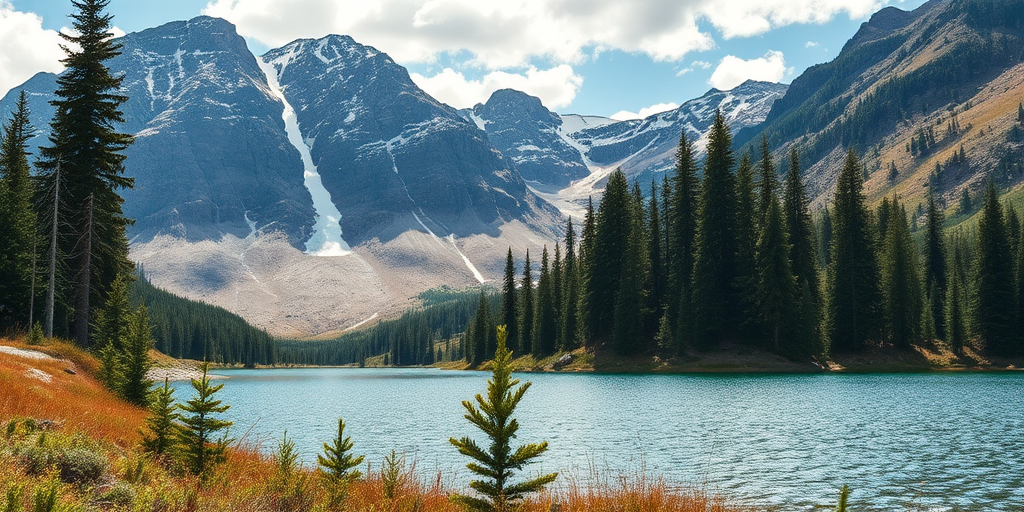 regenerate a detailed landscape image of a mountainous scene with a lake in the foreground, featuring tall evergreen trees and snow-capped peaks, use a DSLR camera with a 24mm lens, aperture f/8, ISO 200, natural lighting, focus on vibrant colors and high contrast, landscape orientation, shot from a low angle to emphasize the foreground elements.