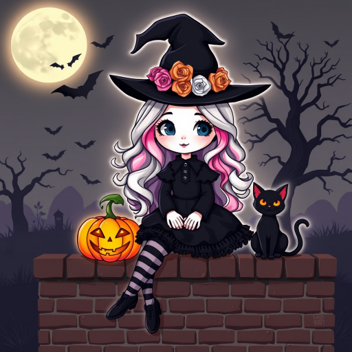 A cute, gothic-style cartoon of a young witch resembling Wednesday Addams sitting on a brick wall under a full moon. She has long wavy hair with silver, pink, and purple ombre highlights, and wears a classic black witch hat decorated with a pumpkin and roses. She is dressed in a black frilly dress with striped stockings and black shoes. A glowing Jack-o'-lantern sits beside her, and a black cat with glowing orange eyes is next to her. The background features a large moon, silhouetted bats, and a spooky tree, with a soft monochrome and slightly glowing effect, creating a magical Halloween atmosphere.