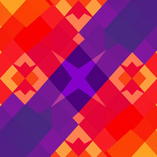 Create a vibrant geometric pattern with alternating diamonds in shades of red, orange, purple, and yellow, using a DSLR camera with a 50mm lens, aperture set to f/1.8, ISO 100, and focus mode set to manual for sharp details, capturing from a top-down view.