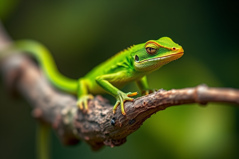 Capture a close-up of a vibrant green lizard perched on a textured branch, using a DSLR camera with an aperture of f/2.8, shutter speed of 1/200s, ISO 100, 50mm lens, natural lighting, and a shallow depth of field to enhance the details and colors.