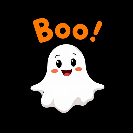 Cute cartoon ghost with a smiling face on a black background and the word "Boo" written above in a playful font.