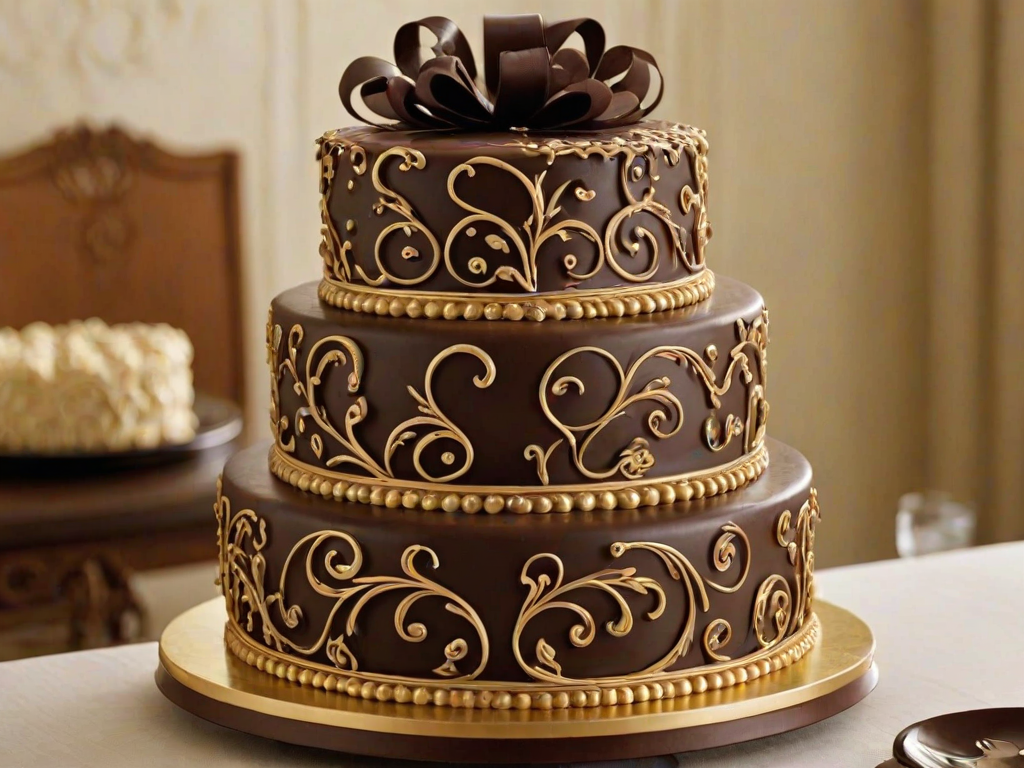 Create a three-tiered chocolate cake with intricate chocolate scrollwork and gold accents. The bottom tier should have a quilted pattern, while the middle and top tiers feature elegant designs. The color scheme should be rich and dark, emphasizing the chocolate theme. The overall presentation should be sophisticated and visually striking.
