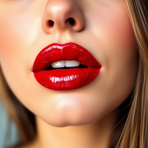 Stunning woman lips with vibrant cherry red hue, glossy finish, and subtle ombre effect, full face portrait showcasing luscious pout and flawless complexion