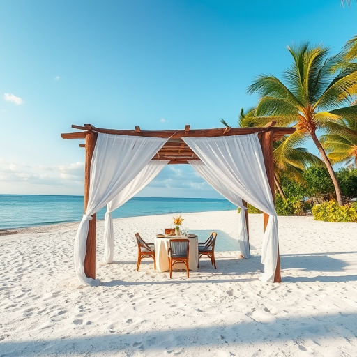 Create a picturesque tropical beach scene featuring a serene, white sandy shore. In the foreground, there's a rustic wooden canopy with white drapes gently flowing in the breeze. Underneath the canopy, a table is set with tropical decor, evoking a sense of relaxation and leisure. The beach extends into a calm, shallow water area with reflections of the sky and surroundings. Palm trees and lush greenery line the edge of the beach, providing a natural, tropical backdrop. The sky is clear with a few scattered clouds, and the overall atmosphere is tranquil and inviting, perfect for a peaceful retreat.