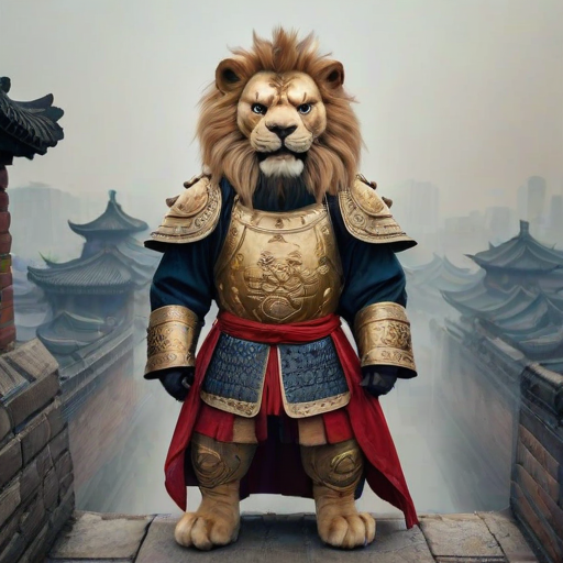 This is a surrealistic realistic photography with a Chinese style characterized by Confucianism and Taoism elegance. A realistic photograph features an anthropomorphic lion dressed in traditional Chinese Ming Dynasty armor, standing atop an ancient city wall, its majestic gaze piercing through the mist of history ,animanflux