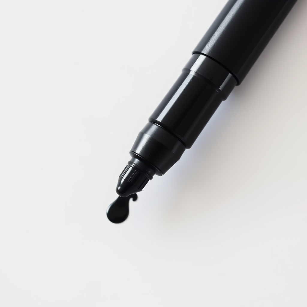 create a clean, high-resolution image of a black marker on a white background, using a Canon EOS R5 camera with a 50mm lens at f/1.8, ISO 100, and a shutter speed of 1/200 sec, captured from a top-down view for clarity and detail