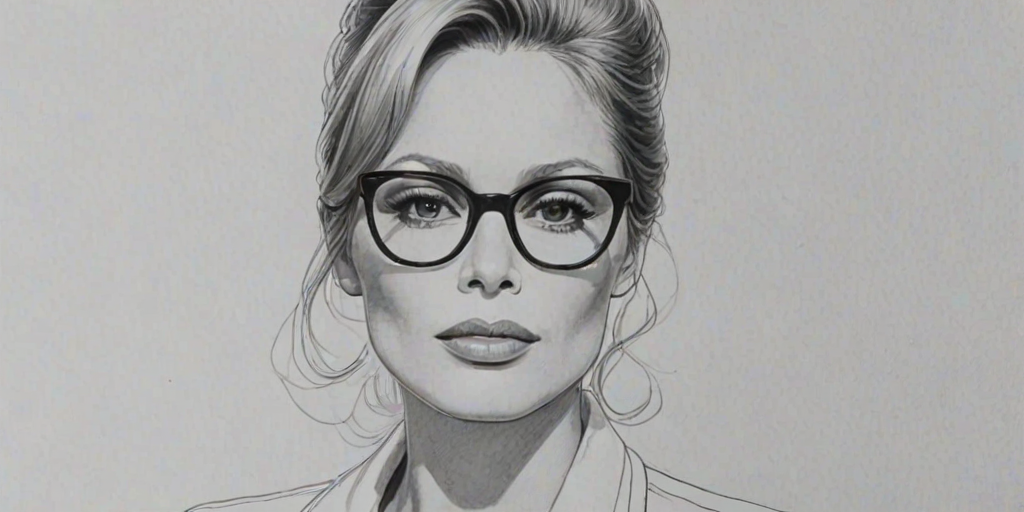 Enchanting Faye Dunaway, pencil sketch, portrait of Delightful woman 1964s in glasses, hair style beatnik, outline, clear lines, fine lines, 8k