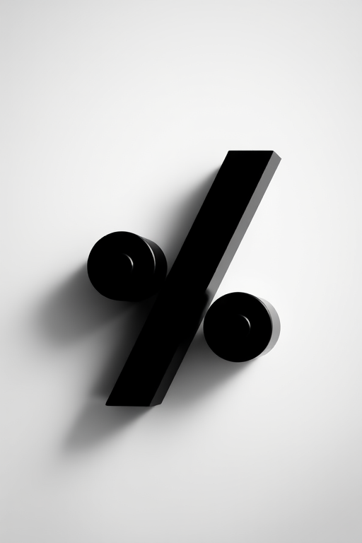 Create a high-resolution image of a black and white percentage symbol featured in a minimalistic design, shot with a DSLR camera at f/2.8, ISO 100, and a 50mm lens, using a shallow depth of field to blur the background and focus sharply on the symbol.