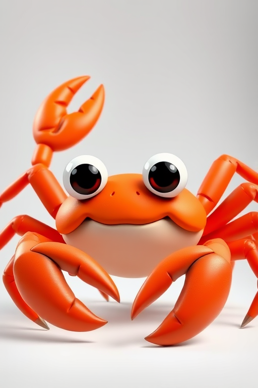 Cartoon crab character with large claws and big eyes, vibrant orange color, high resolution, studio lighting, 35mm lens, f/8 aperture, 1/200s shutter speed, digital illustration style.