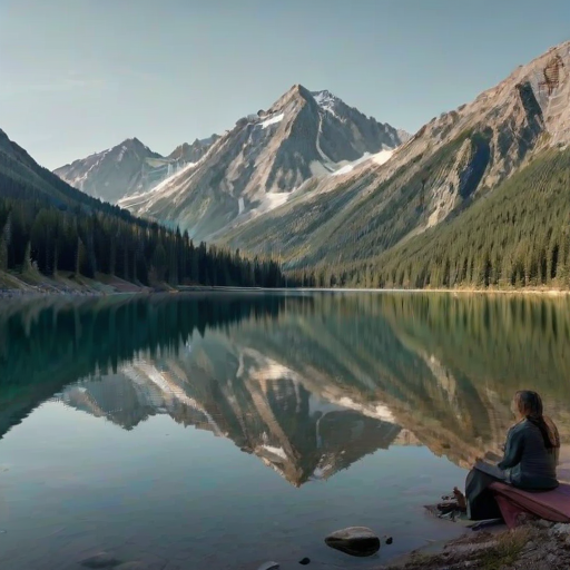 Serene mountain lake reflecting the surrounding peaks, with a woman sitting quietly on the shore, enjoying the peaceful solitude.