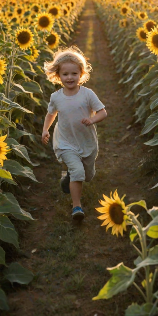 Blurry action shot of a child running through a sunflower field, soft golden light from the setting sun casting long shadows, with tall sunflowers swaying in the breeze.
