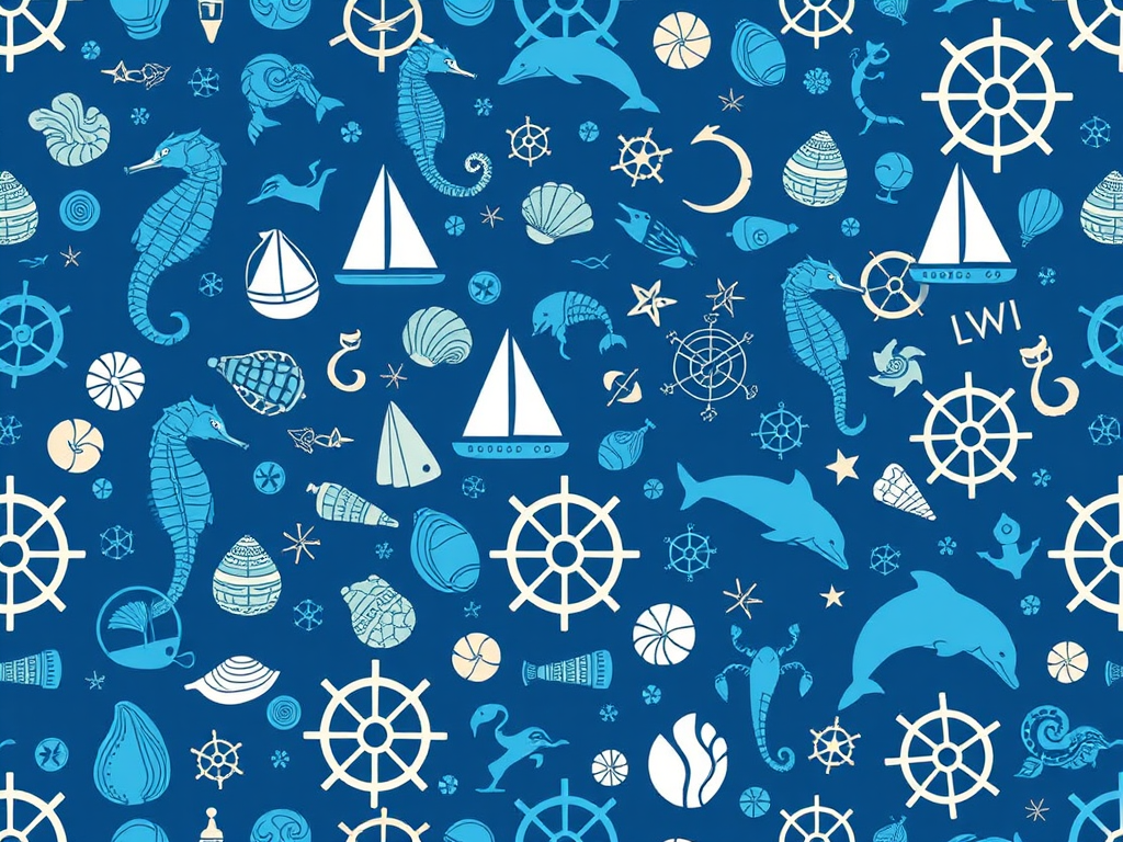 create a seamless pattern featuring blue marine elements like seahorses, sailboats, dolphins, shells, and steering wheels, using a high-resolution digital camera with a 50mm lens, f/8 aperture, and 100 ISO, in a flat lay style for enhanced clarity and detail