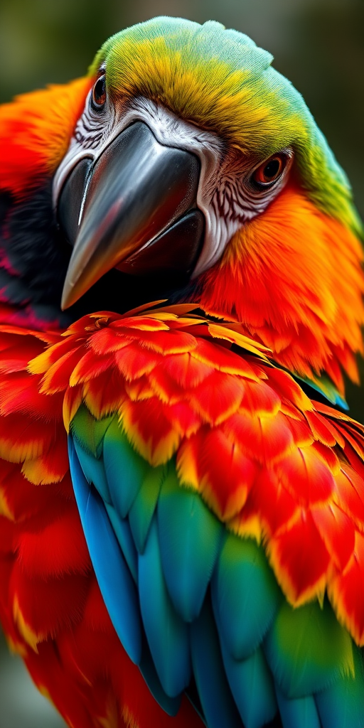 a vibrant portrait of a colorful parrot with rich details, shot with a Canon EOS R5, 85mm lens, f/1.4 aperture, 1/200s shutter speed, ISO 100, natural light, shallow depth of field, high dynamic range, emphasizing bold colors and textures.