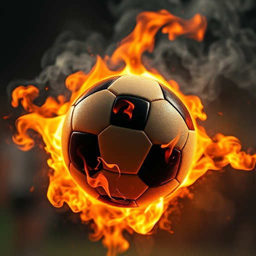 A dynamic soccer ball surrounded by intense flames and smoke, captured with a Canon EOS R5, 50mm lens, f/1.8 aperture, ISO 200, 1/500 sec shutter speed, in a low-angle perspective to emphasize movement and energy, with a dramatic lighting setup to enhance the fiery effects.