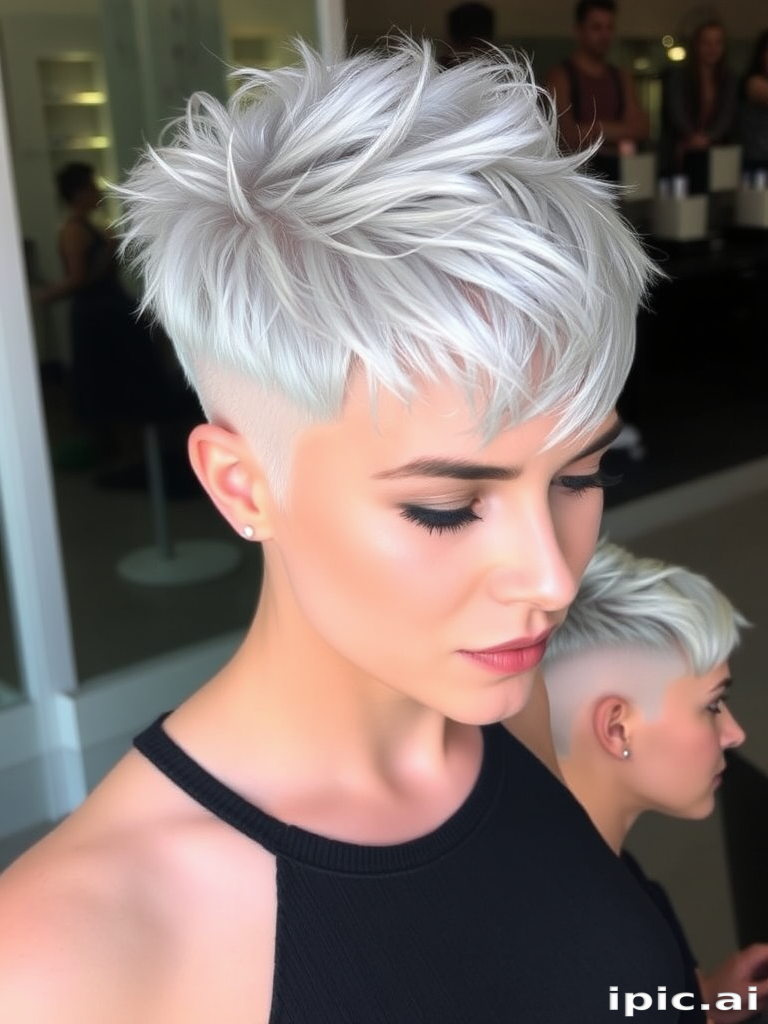 Platinum blonde pixie cut with electric blue tips, created by "Frost & Fire" stylists, showcasing a textured, spiky top and closely cropped sides, accentuated by delicate silver highlights throughout, giving an ethereal, ice-queen appearance that catches the eye from every angle.