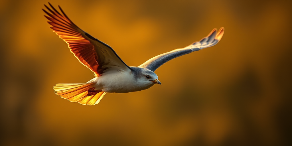 A close-up shot of a flying bird in soft golden hour light, captured with a DSLR camera, aperture f/2.8, shutter speed 1/2000s, ISO 400, using a 70-200mm lens.