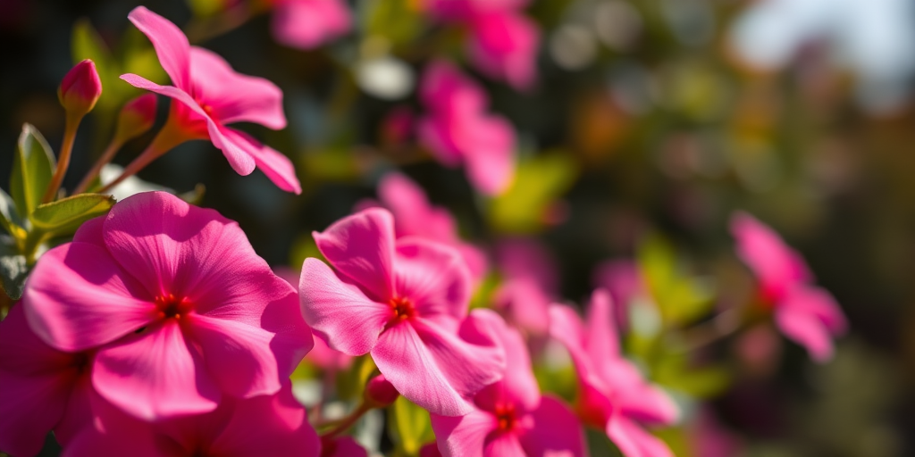 Close-up of vibrant pink flowers with soft petals, natural sunlight illuminating the scene, shallow depth of field, DSLR camera, 50mm lens, f/2.8 aperture, ISO 100.