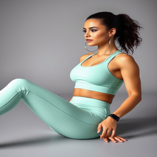 Create an image of a woman in a workout setting, performing sit-ups in mint green athletic wear on a gray background, using a Canon EOS R5 camera, 85mm lens, f/1.8 aperture, ISO 100, and soft lighting to enhance image quality.