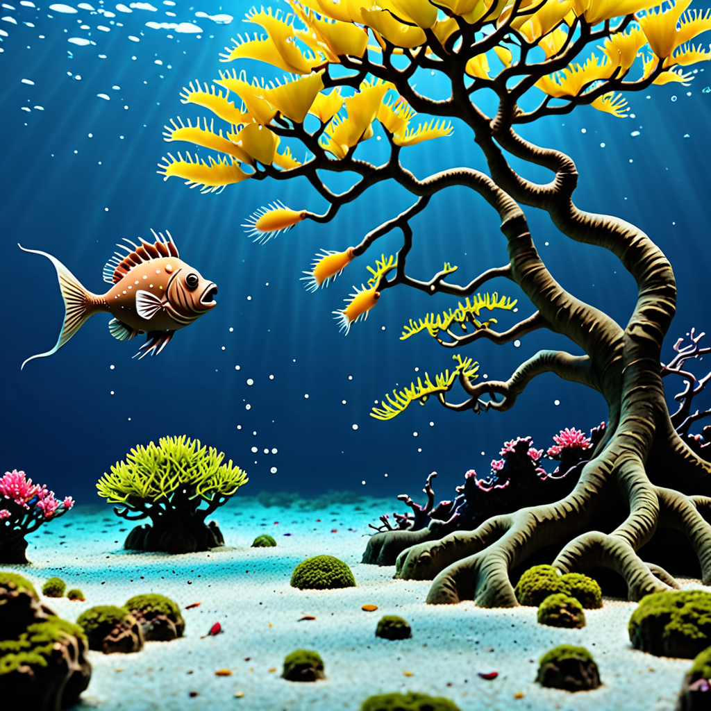 Cartoon angler fish eating a bonsai tree in the depths of the sea