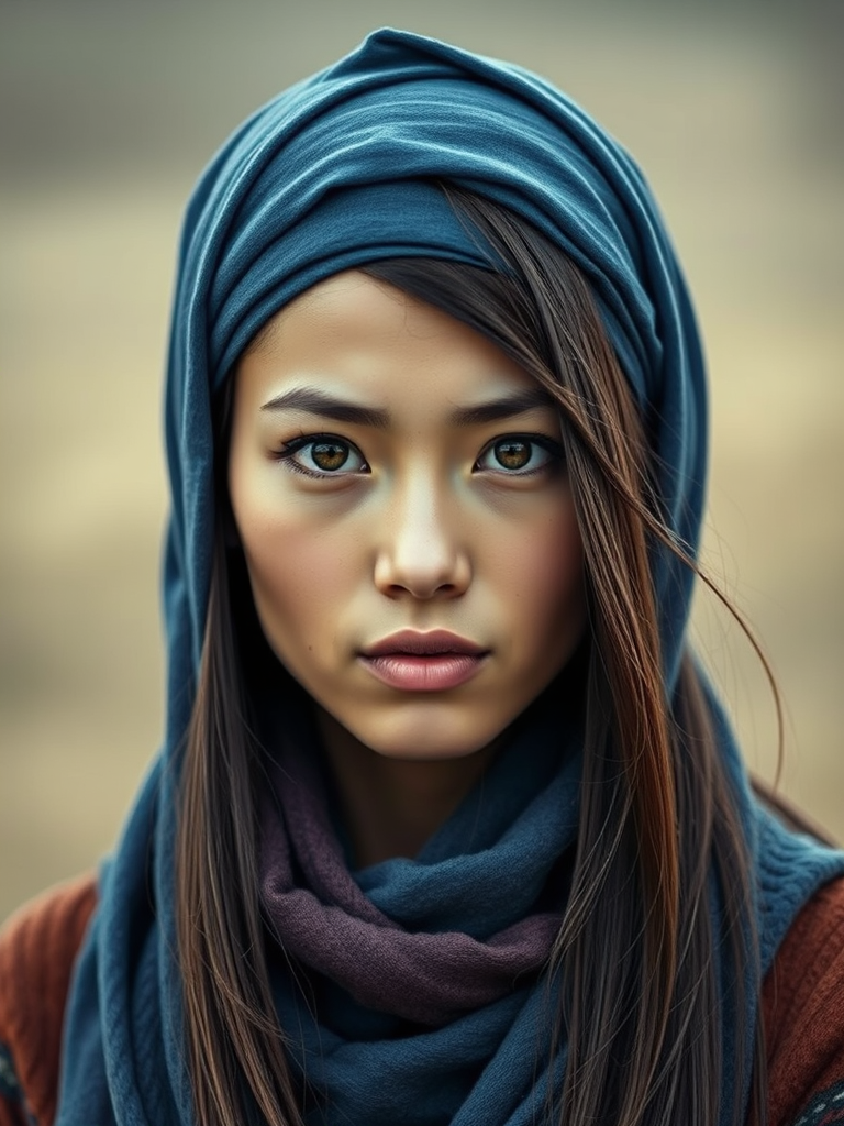 Create a portrait of a young Mongolian woman with long, dark hair and captivating hazel eyes. She is wearing a blue headscarf and a matching scarf draped gracefully around her neck. The background is softly blurred, focusing attention on her serene and natural expression. The overall color palette is muted and warm, enhancing the intimate and authentic feel of the portrait.