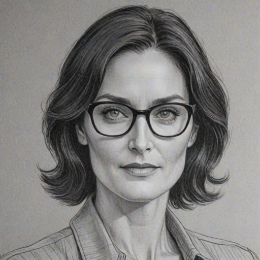 Pleasing Carrie-Anne Moss, pencil sketch, portrait of Stunning woman 1941s in glasses, hair style beatnik, outline, clear lines, fine lines, 8k