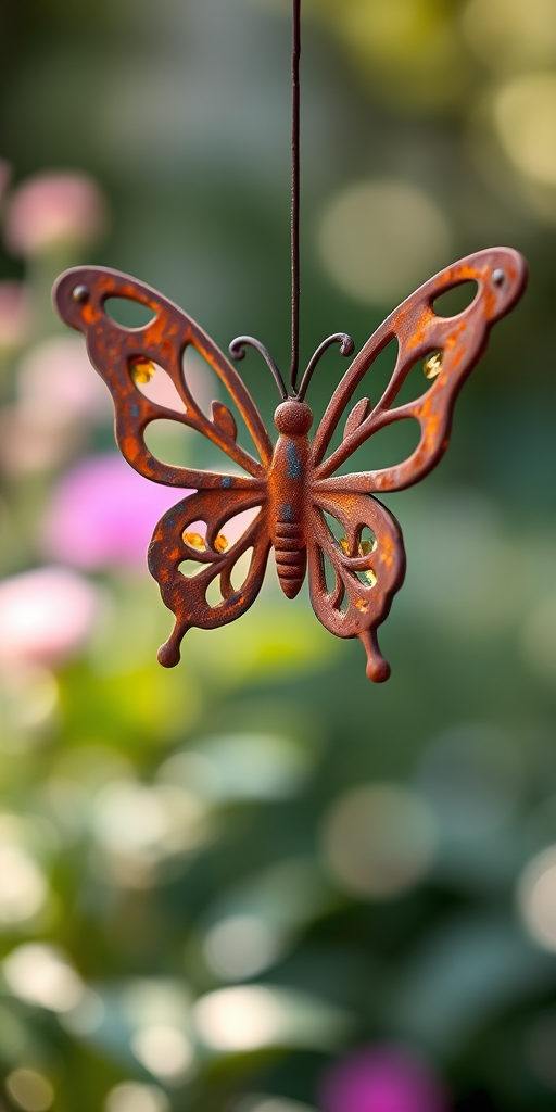 Capture a close-up of a rusted butterfly wind chime hanging in a garden setting with soft bokeh background, using a DSLR camera, aperture f/2.8, shutter speed 1/125s, ISO 200, natural lighting for enhanced detail and clarity.